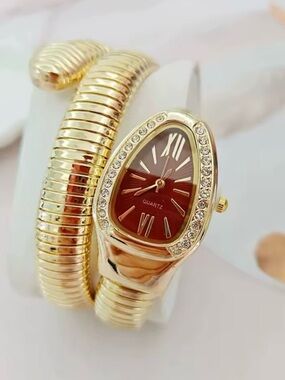 Gold-Tone Red Dial Crystal Accent Snake Wrap Bracelet Watch